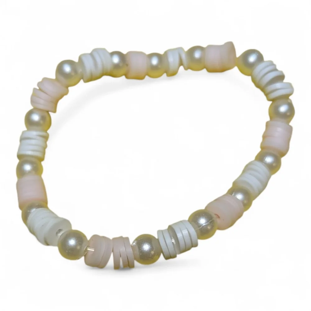 Handmade Beaded Stretch Bracelet Pink White Clay Beads Hand Crafted NEW